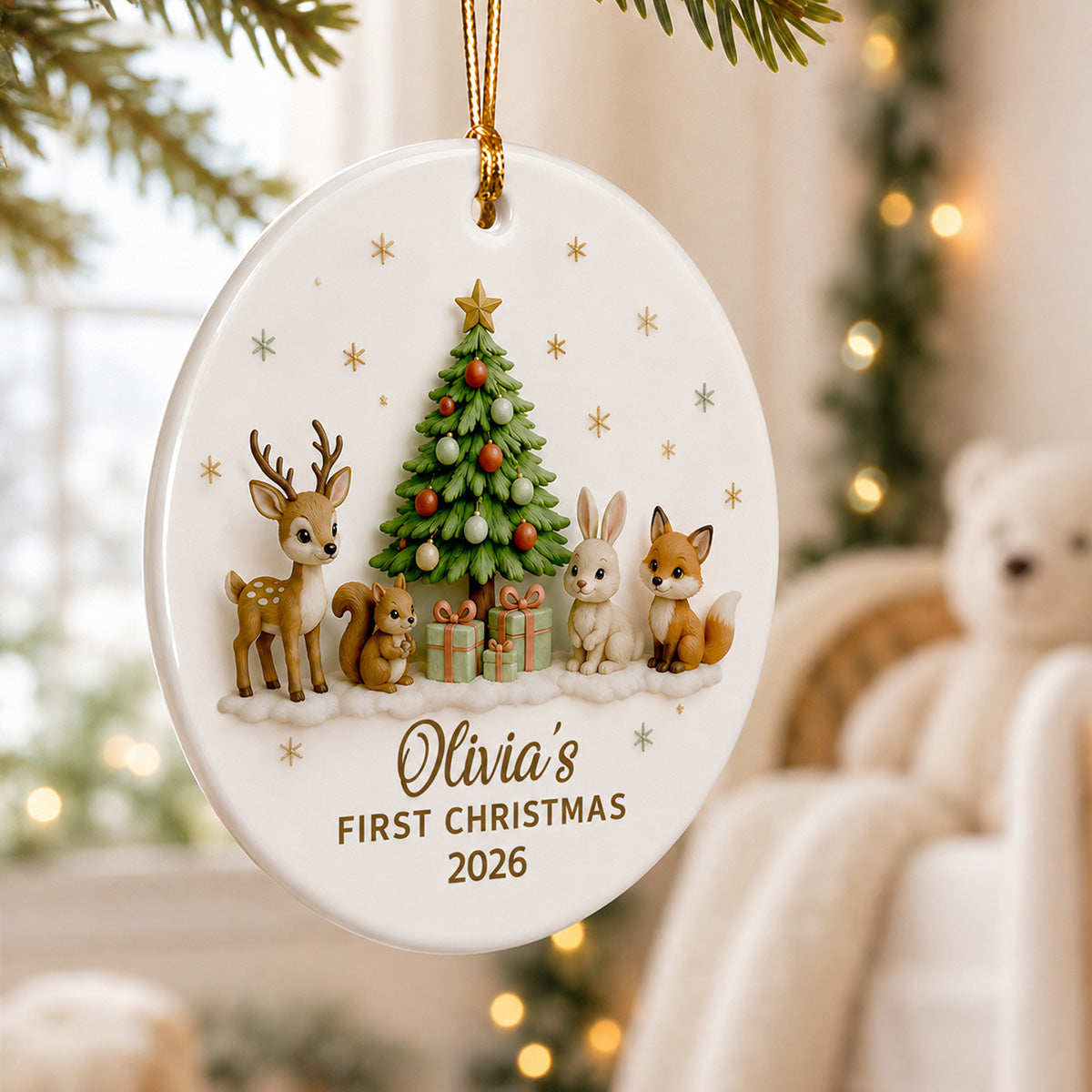 Baby’s First Christmas Tree & Woodland Animals 2D Flat - Personalized Ceramic Ornament - New Baby Christmas Keepsake