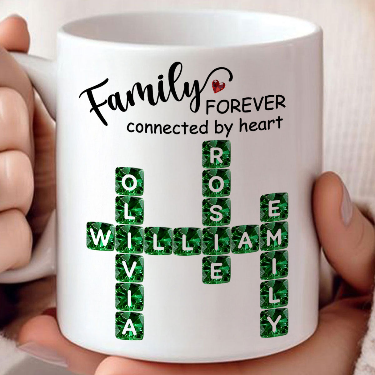 Family Forever Connected by Heart 3D Crystal Crossword - Personalized Mug - Sentimental Gift for for Loved Ones