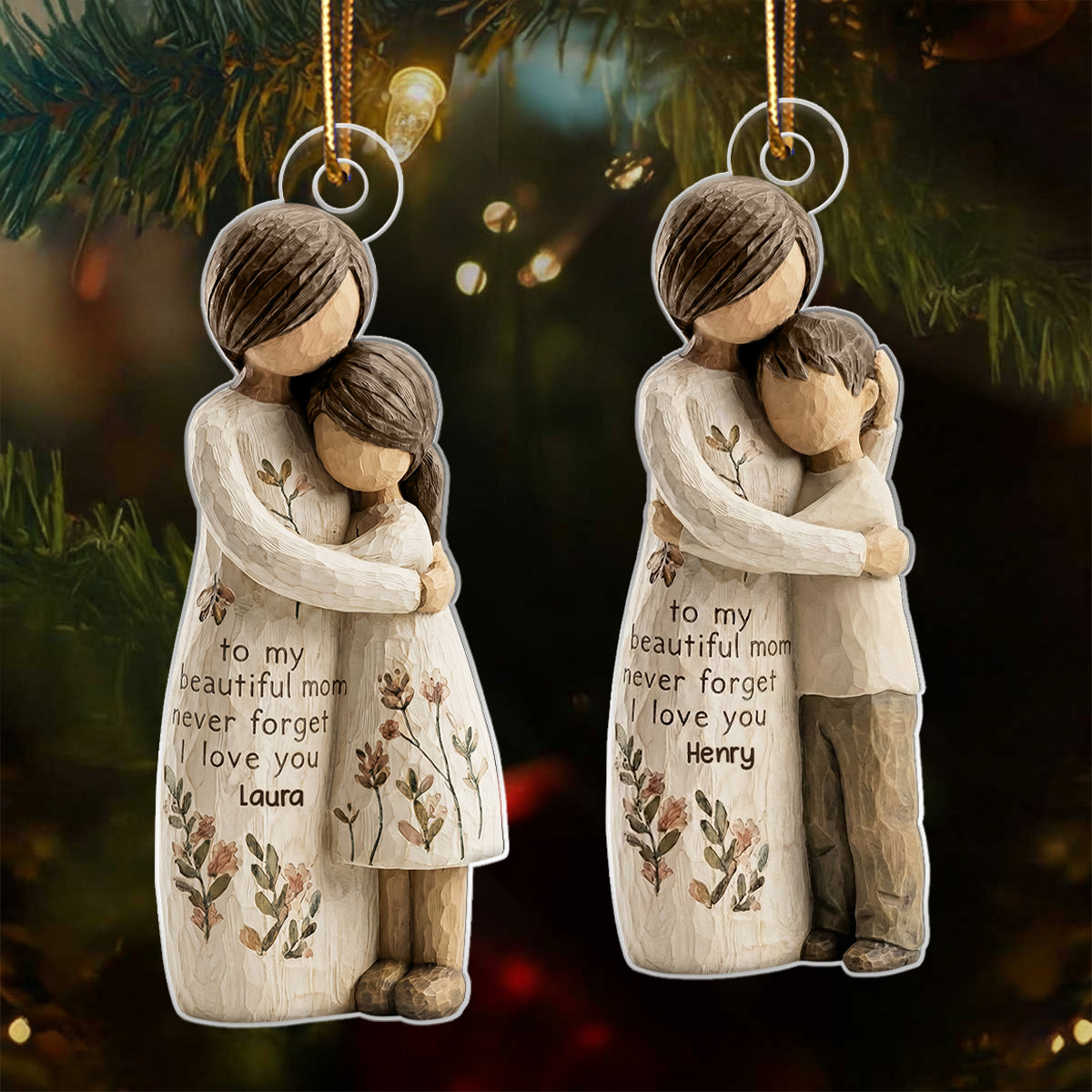 Mom And Daughter Son Faux Wood - Personalized Acrylic Ornament - Heartwarming Christmas Gift For Mom, For Family