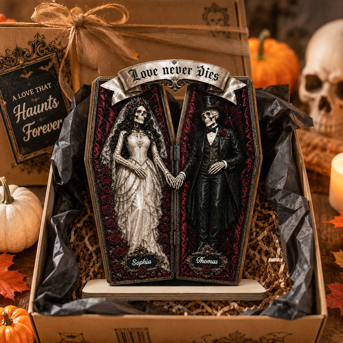 Skeleton Couple In Coffin 2D Flat - Personalized Wooden Plaque - Halloween Decoration