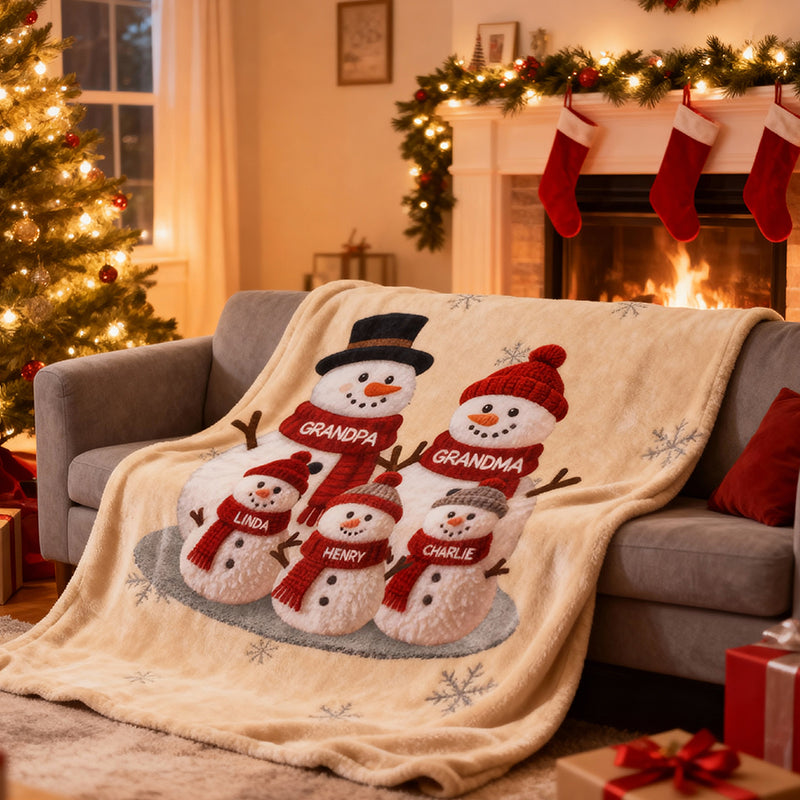 Christmas Grandma Grandkids Snowman Together - Personalized Fleece Blanket - Gift For Grandparents, Grandkids, Granddaughter, Grandson