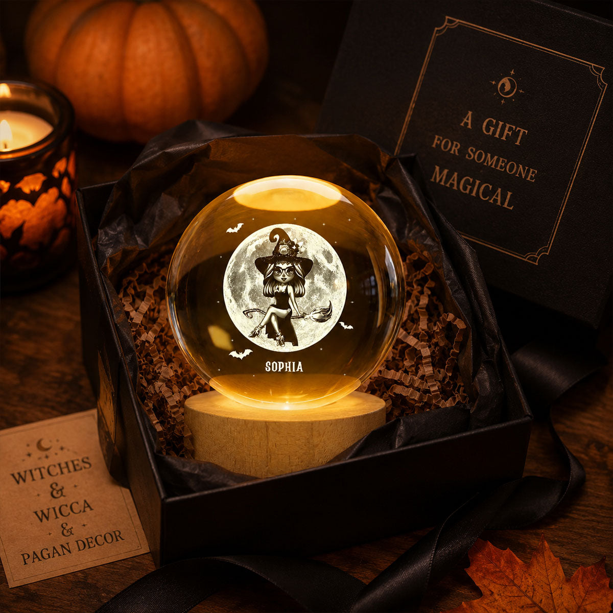 Witch On Broom Under Moon - Personalized Crystal Ball Night Light - Halloween Decor, Wicca Pagan Decor For Witches