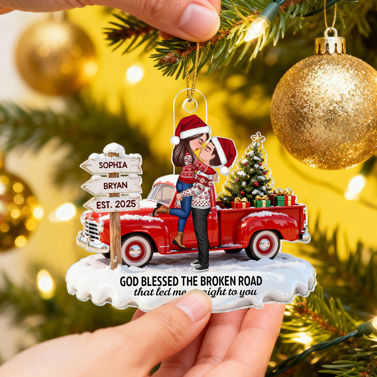 3D Effect Christmas Nostalgia Christmas Truck Couple God Bless The Broken Road - Personalized Acrylic Ornament - Romantic Gift For Couple, Farmhouse Decor
