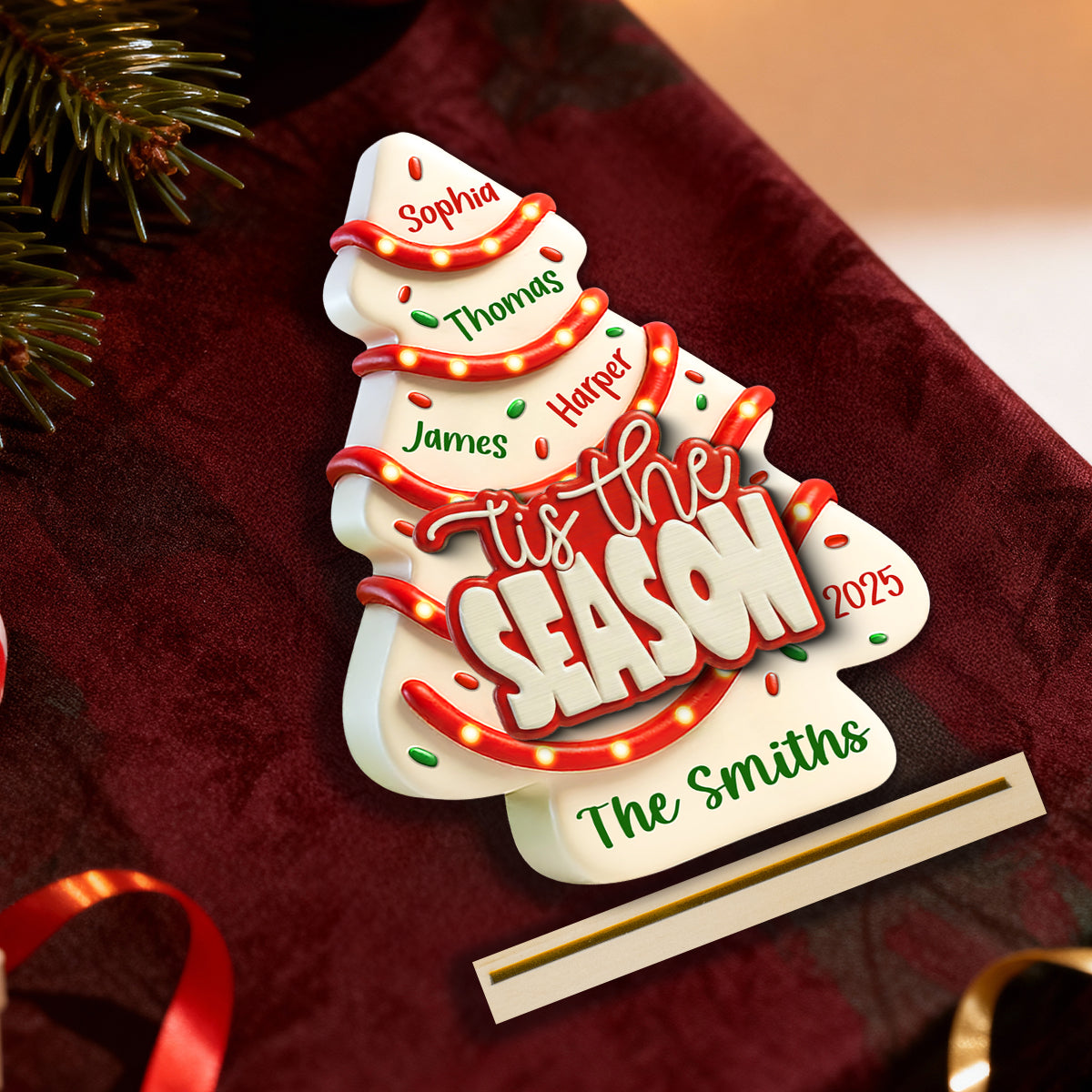Tis The Season Christmas Tree Cake Family Names - Personalized 2-Layered Wooden Plaque