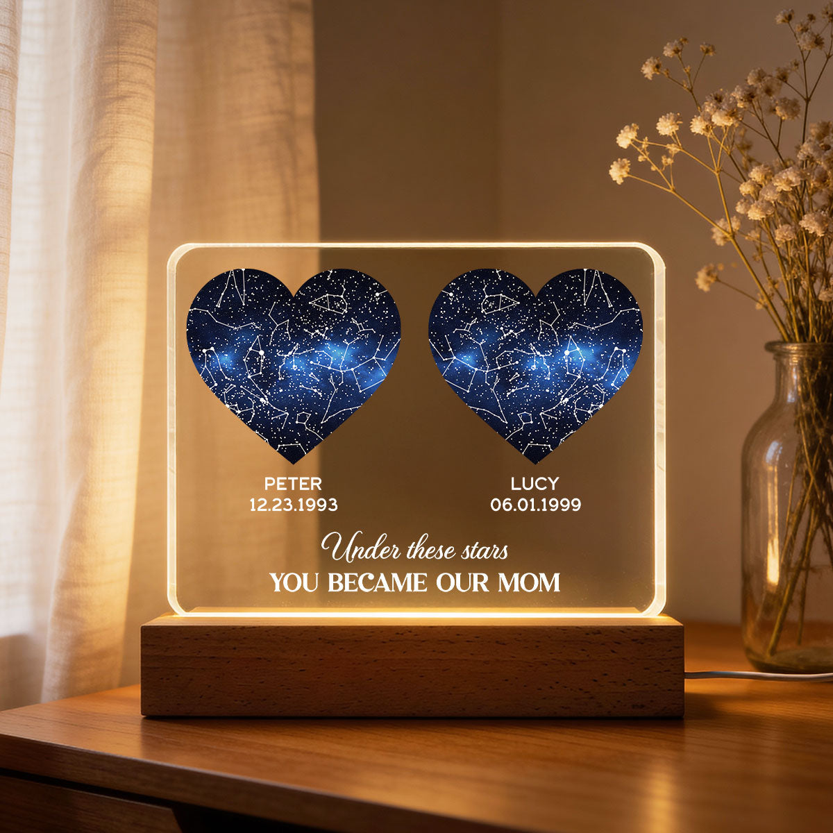 Under These Stars You Became My Mom, Custom Star Map by Date - Personalized Acrylic Block LED Night Light - Heartfelt Gift for Mom