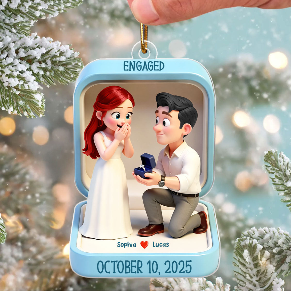 Cute Cartoon Couple 1st Christmas Engaged - Personalized Acrylic Ornament - Proposal Keepsake