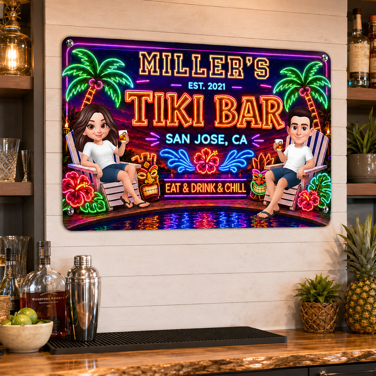 Custom Family Tiki Bar - Personalized Metal Sign - Outdoor Home Bar Decor, Eat Drink & Chill Sign, Backyard Patio Sign, New Home Gift