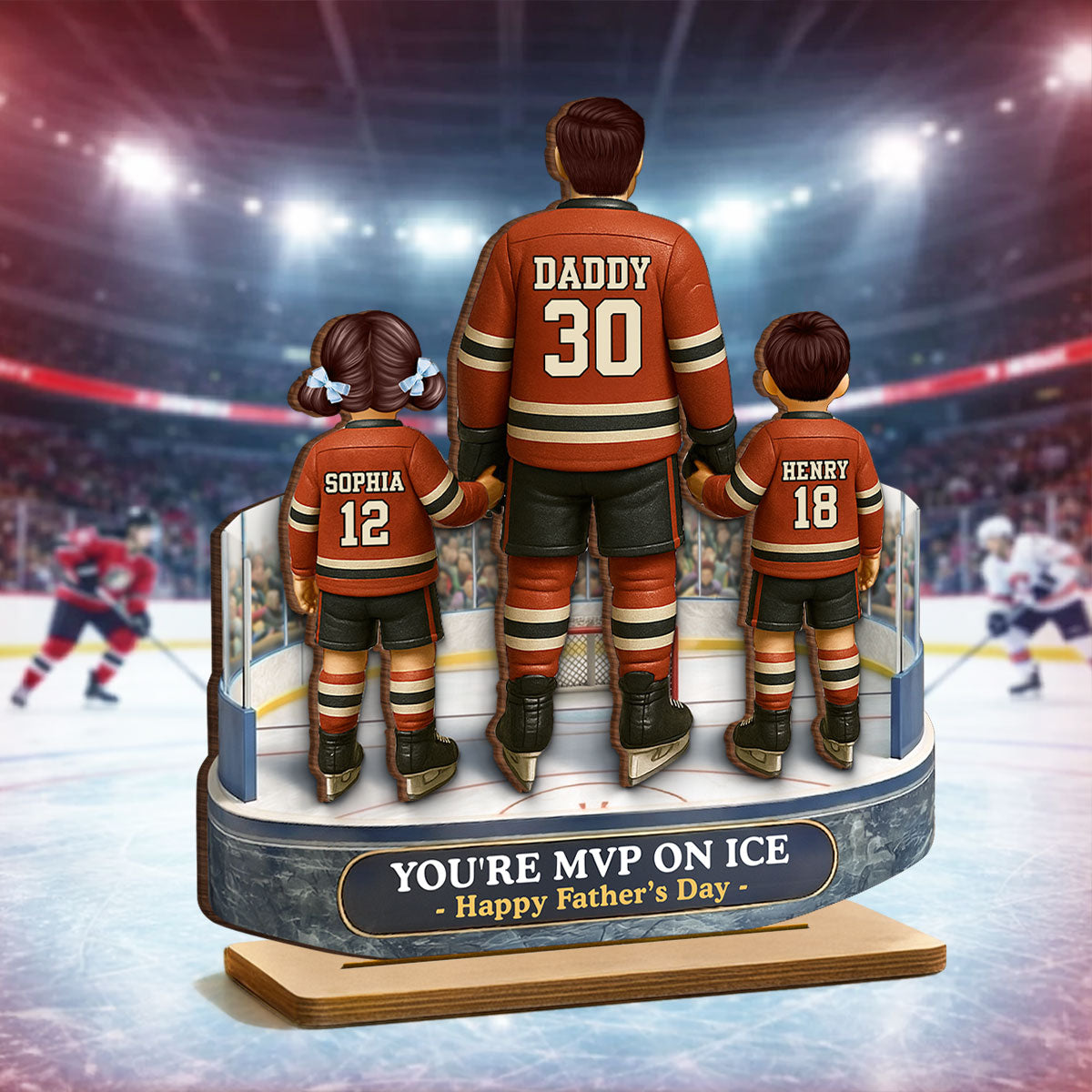 Hockey Dad And Kids On The Ice - Personalized 2-Layered Wooden Plaque - Gift For Hockey Dad, Gift For Husband