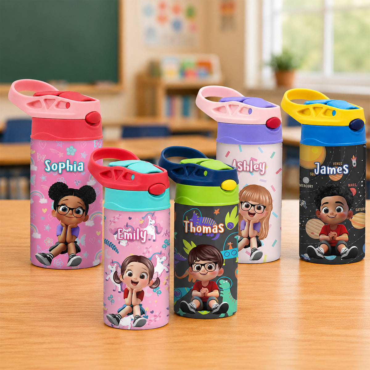 Multiple Kid Favorite Pattern - Personalized Kid Insulated Water Bottle - Stainless Steel Toddler Cups with Straws, BPA Free, Leak-Proof
