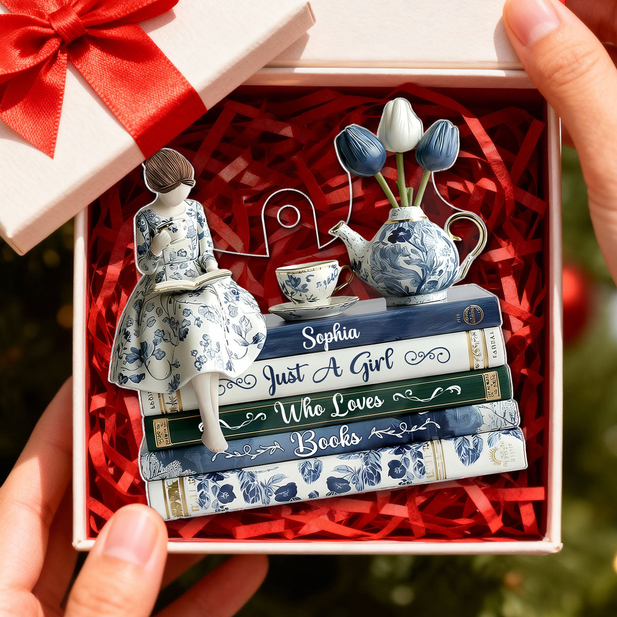 3D Effect Timeless Vintage Toile De Jouy Chinoiserie Pattern Girl Woman Reading Book - Personalized Acrylic Ornament - Gift For Book Lovers