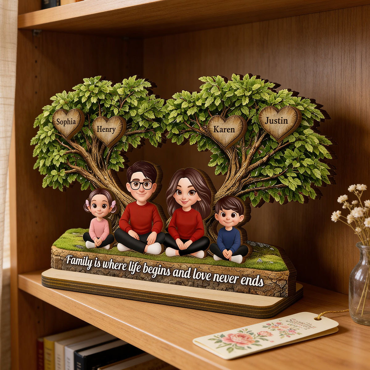 Family Is Where Love Never Ends - Personalized 2-Layered Wooden Plaque - Heartfelt Gift For Mom, Grandma