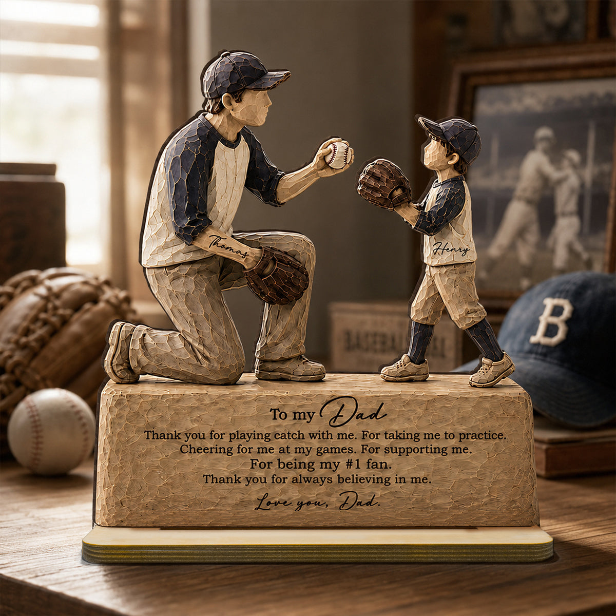 To My Baseball Dad Thanks for Playing Catch with Me - Personalized 2-Layered Wooden Plaque -  Gift for Dad from Son