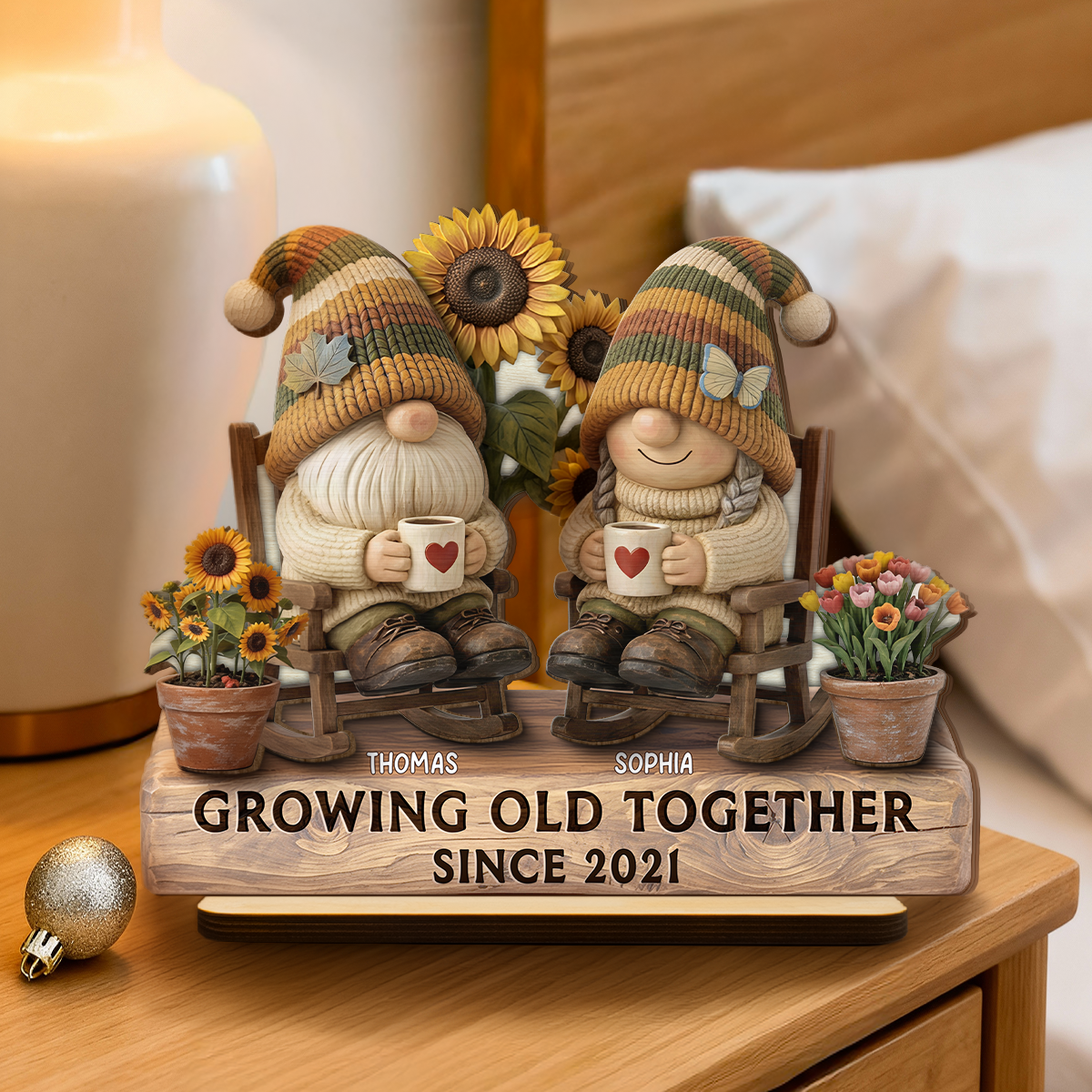 3D Effect Gnome Couple Grow Old Together - Personalized 2-Layered Wooden Plaque - Perfect Valentine's Day Gift For Him, Gift For Her