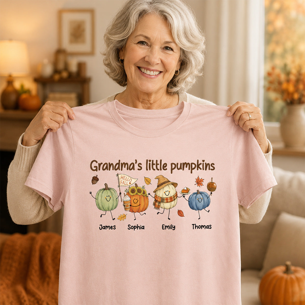 Grandma's Little Pumpkins Cute Characters - Personalized Shirt - Fall Season Shirt For Grandma, Mom