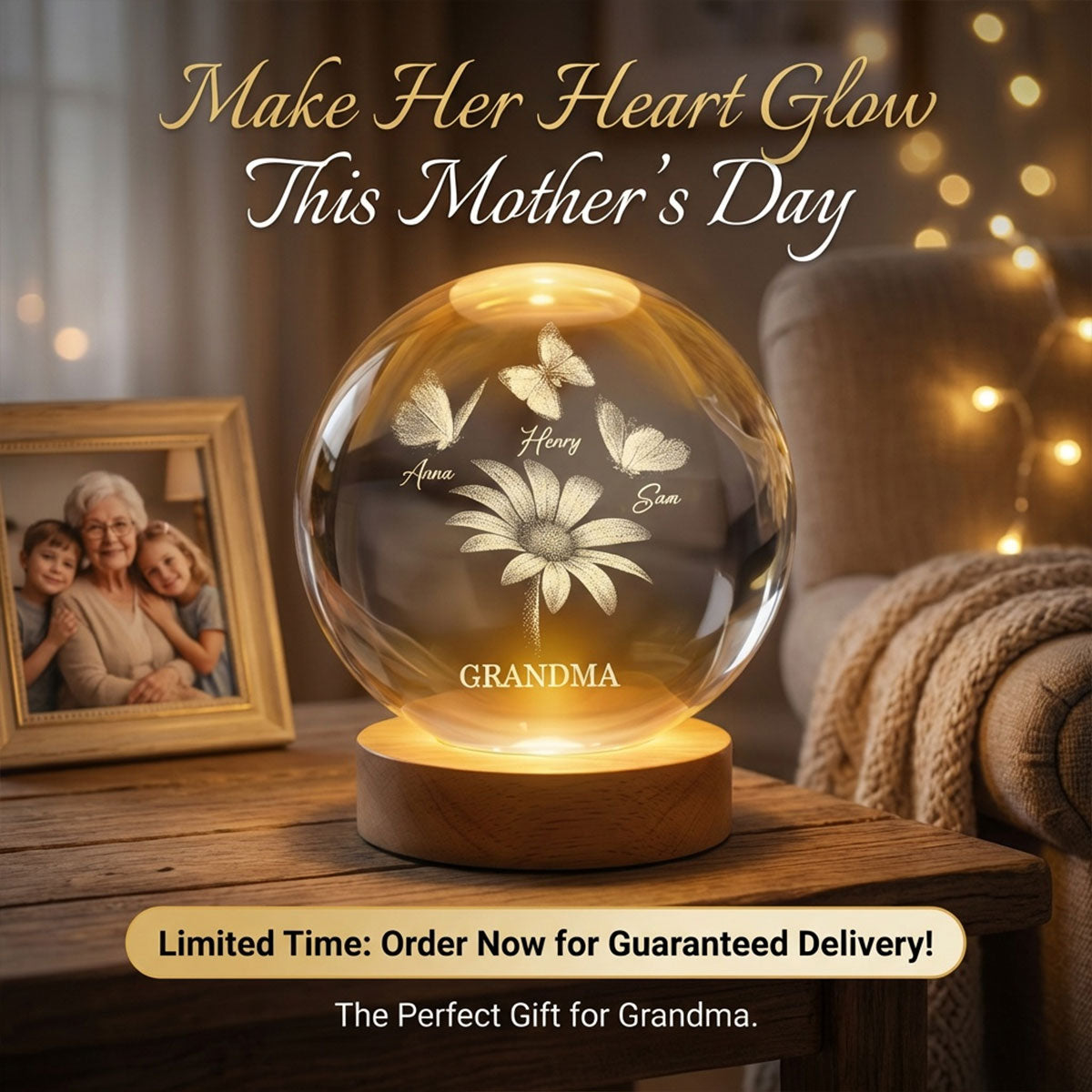 Daisy Flower Butterflies Grandma Grandkids - Personalized Crystal Ball LED Night Light - Mother's Day Gift For Grandma