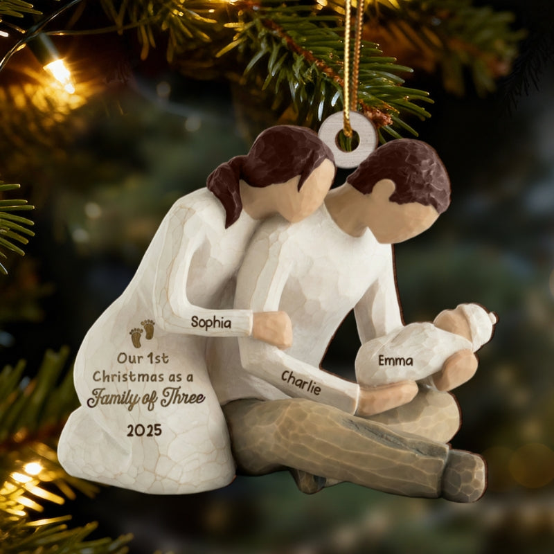 First Christmas As Family Of Three Mom Dad Holding Baby 2D Flat Printed - Personalized Wooden Ornament
