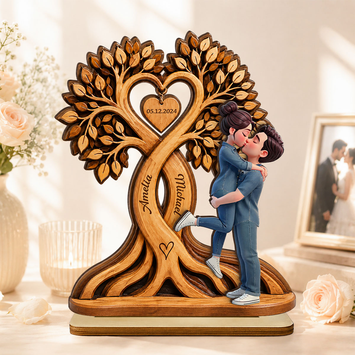 Couple Kissing Under Heart Tree - Personalized 2-Layered Wooden Plaque - Heartfelt Anniversary Gift for Him, for Her