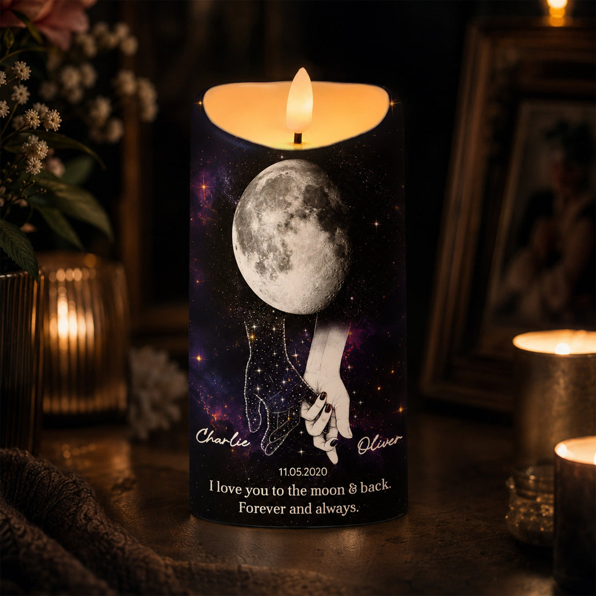 Lost Loved One Holding Hands Moon Phase - Personalized LED Candle - Memorial Gift, Remembrance Keepsake