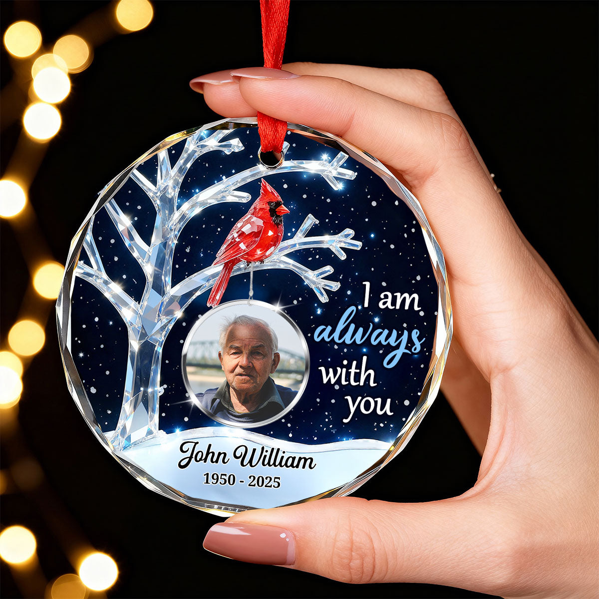 3D Crystal Effect Memorial Winter Tree Cardinals Upload Photo - Personalized Glass Ornament - Remembrance Gift, Sympathy Gift