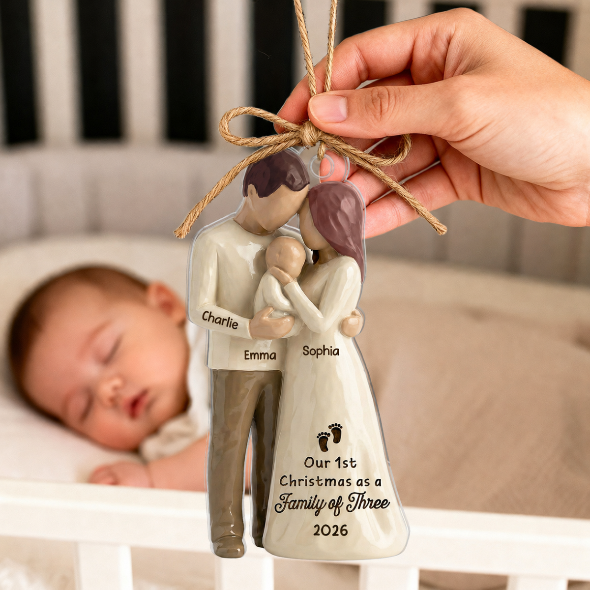 3D Effect First Christmas As Family Of Three Mom Dad & Baby - Personalized Acrylic Ornament