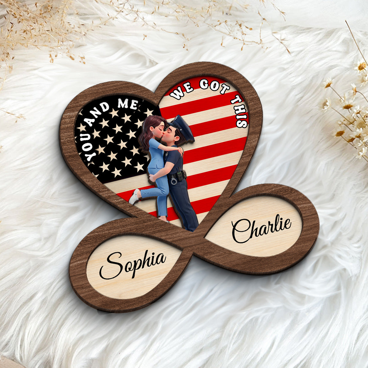 Proud Hero Couple Infinity Nation Flag Heart - Personalized 2-Layered Wooden Plaque - Valentine's Day Gift For Couple, For Him, For Her, Nurse, Police, Firefighter, Army