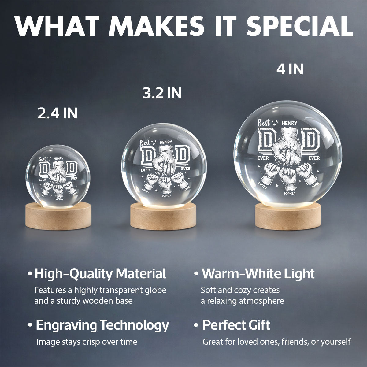 Best Dad Ever - Personalized Crystal Ball LED Night Light - Heartfelt Gift for Dad, Husband