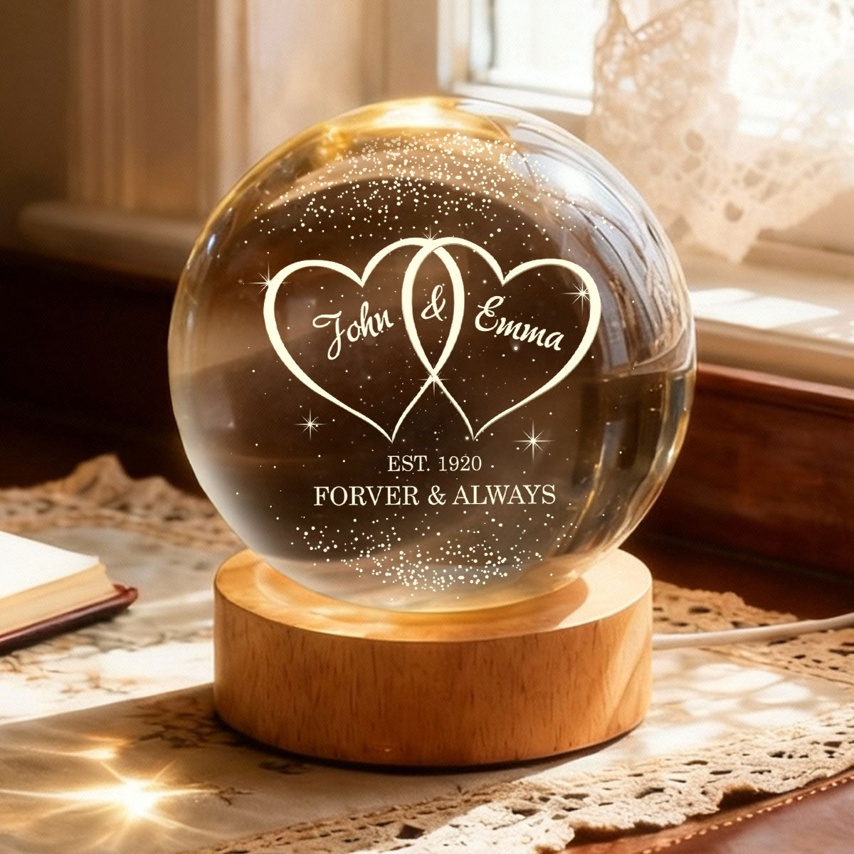 Couple Hearts Interlocked - Personalized Crystal Ball LED Night Light - Heartfelt Valentine's Day Gift for Her, for Him
