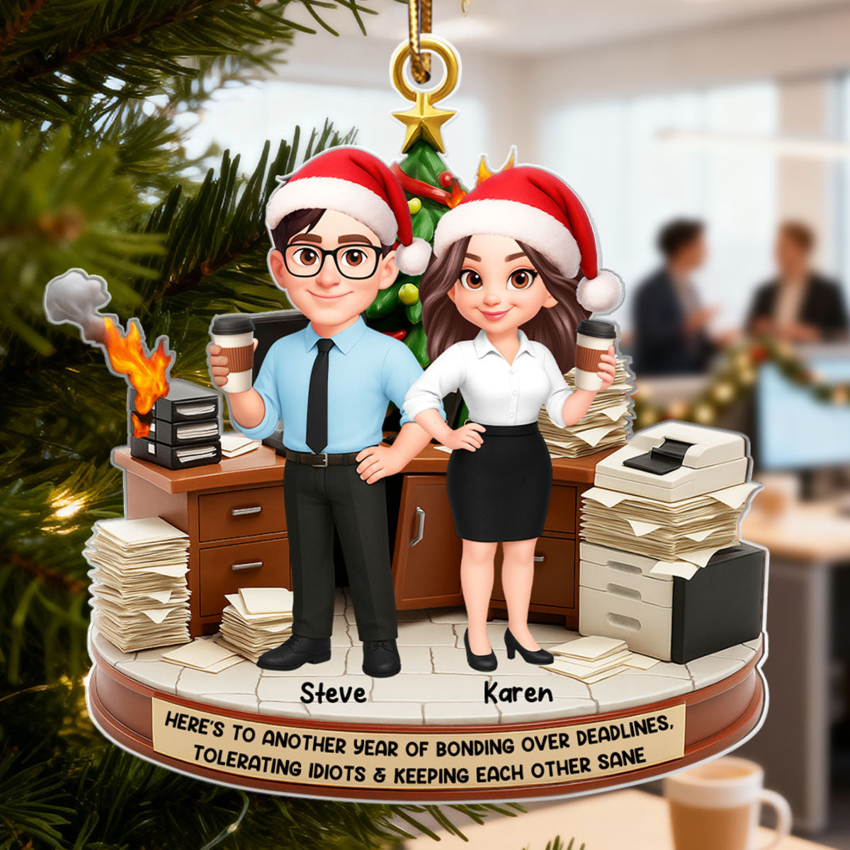 Here's to a Year Bonding over Deadlines - Personalized Acrylic Ornament - Funny Christmas Gift for Coworkers, White Elephant, Secret Santa Gift