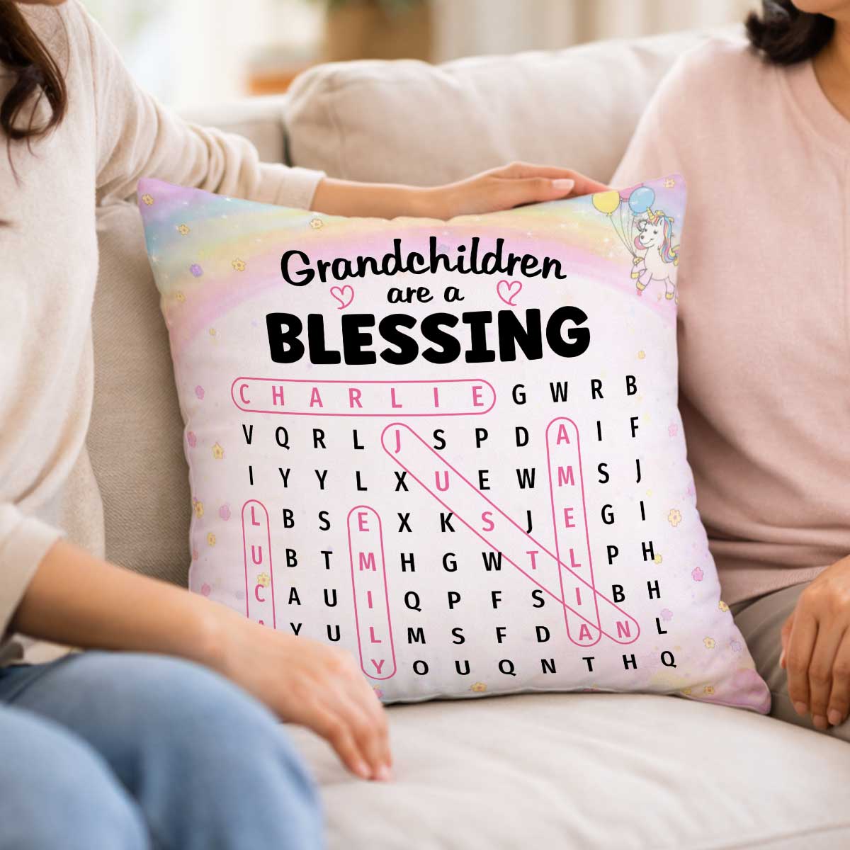 Grandchildren Are A Blessing Word Search Puzzle - Personalized Pillow - Heartfelt Gift for Grandma