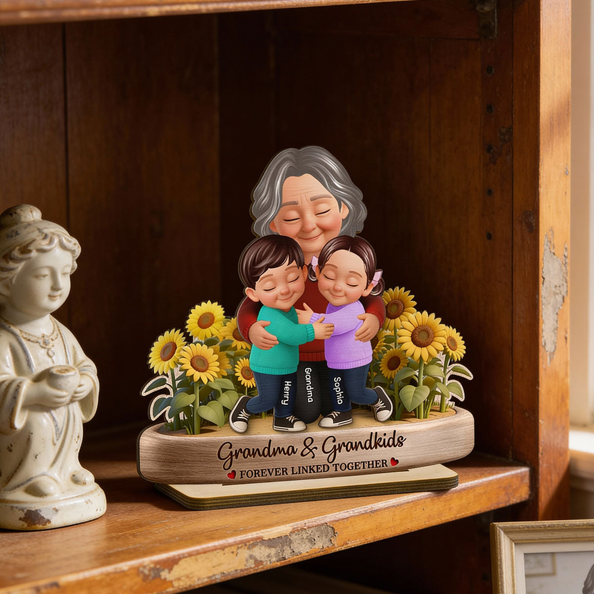 Grandma And Grandkids Forever Linked Together Sunflower Field - Personalized 2-Layered Wooden Plaque - Gift For Grandma