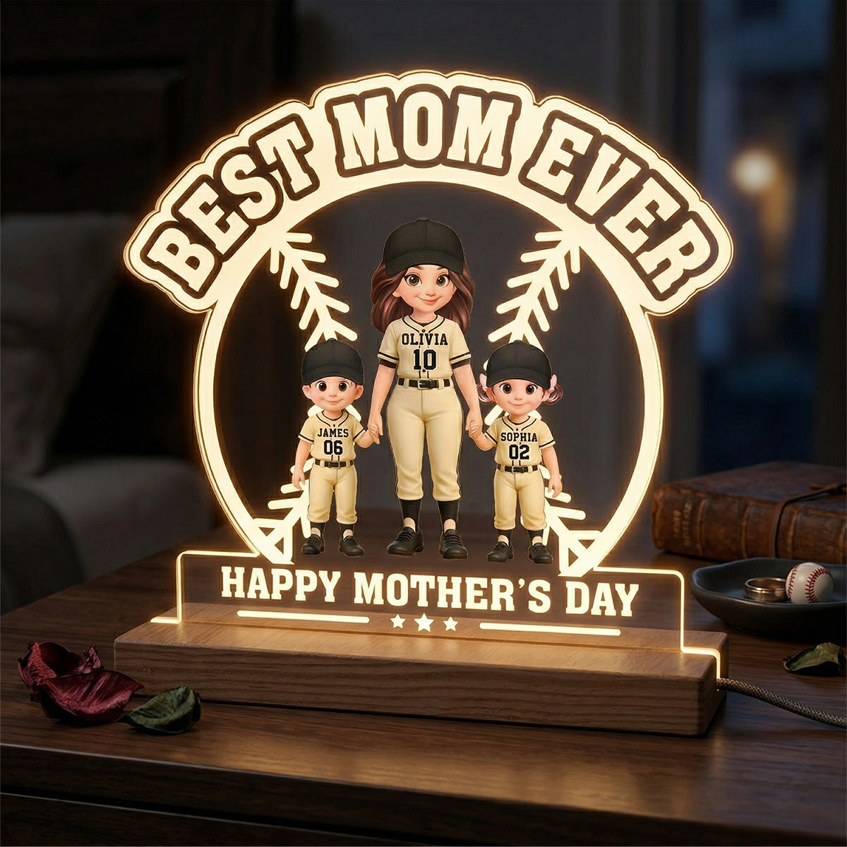 Best Mom Ever Baseball Mom & Kids - Personalized Acrylic Plaque LED Night Light