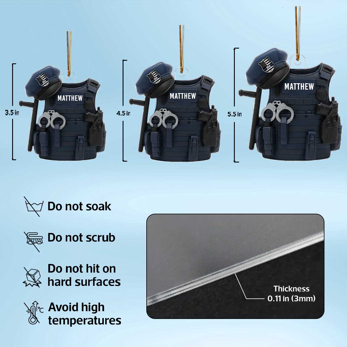 3D Effect Police Bulletproof Vest & Hat - Personalized Acrylic Ornament - Christmas Gift For Police