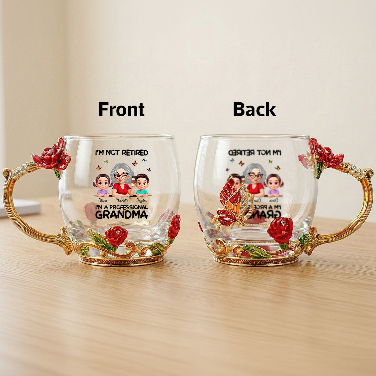 Not Retired Professional Grandma - Personalized Enamel Flower Tea Cup - Gift For Retired Grandma, Mom