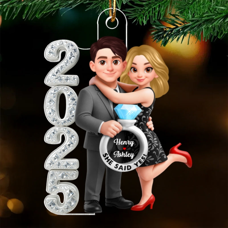 3D Crystal Effect Marriage Proposal Couple - Personalized Acrylic Ornament - Newly Engaged Gift, "She Said Yes!" Ornament