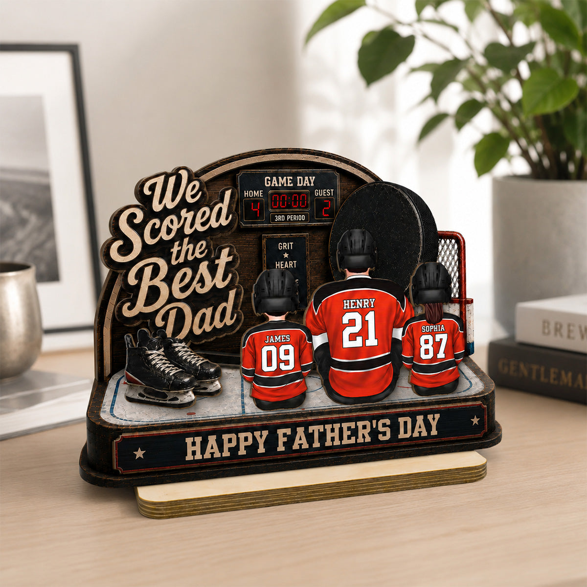 Hockey Dad & Kids Sitting On Court 2D Flat - Personalized 2-Layered Wooden Plaque -  Gift For Hockey Dad