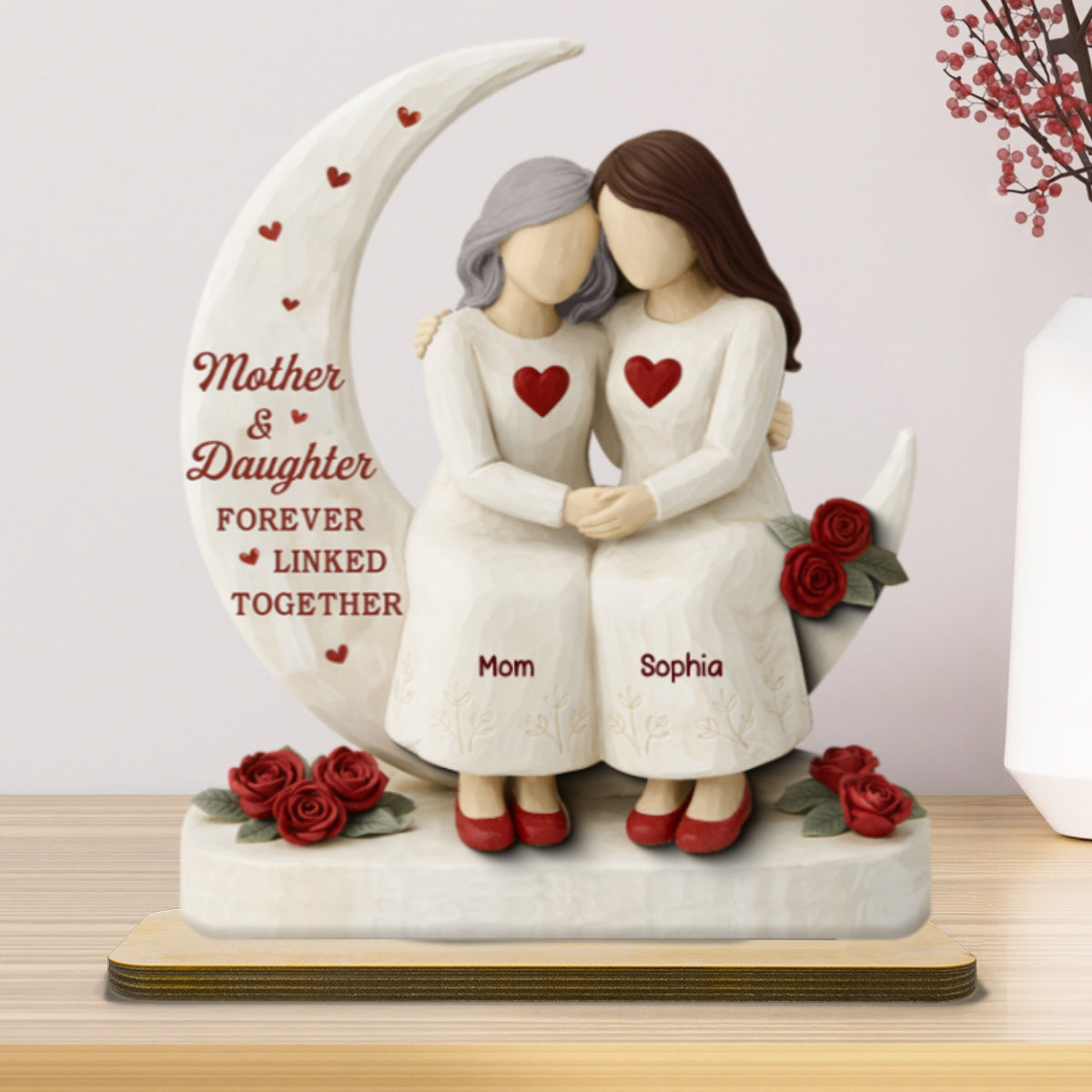 Roses Moon Mom And Daughter Forever Linked Together - Personalized 2-Layered Wooden Plaque - Gift For Mom, Daughter