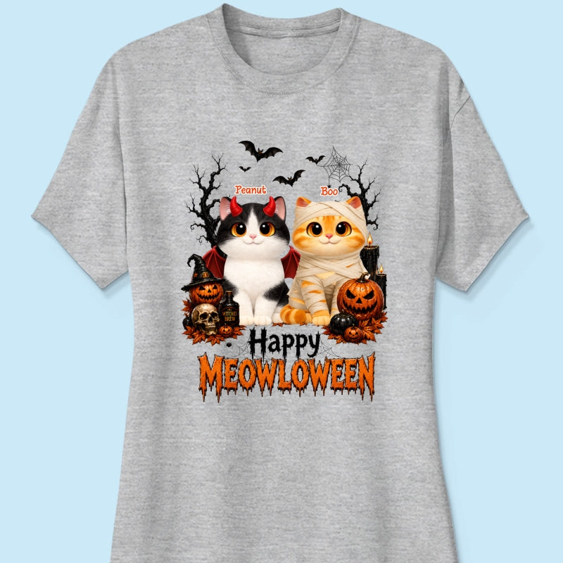 Happy Meowloween - Personalized Shirt - Trendy Halloween Tee for Cat Moms, Cat Lovers