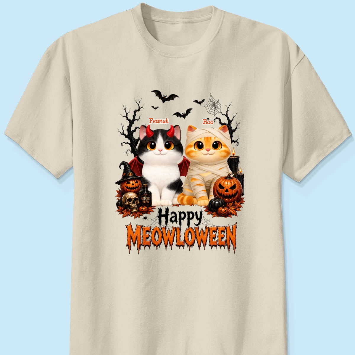 Happy Meowloween - Personalized Shirt - Trendy Halloween Tee for Cat Moms, Cat Lovers