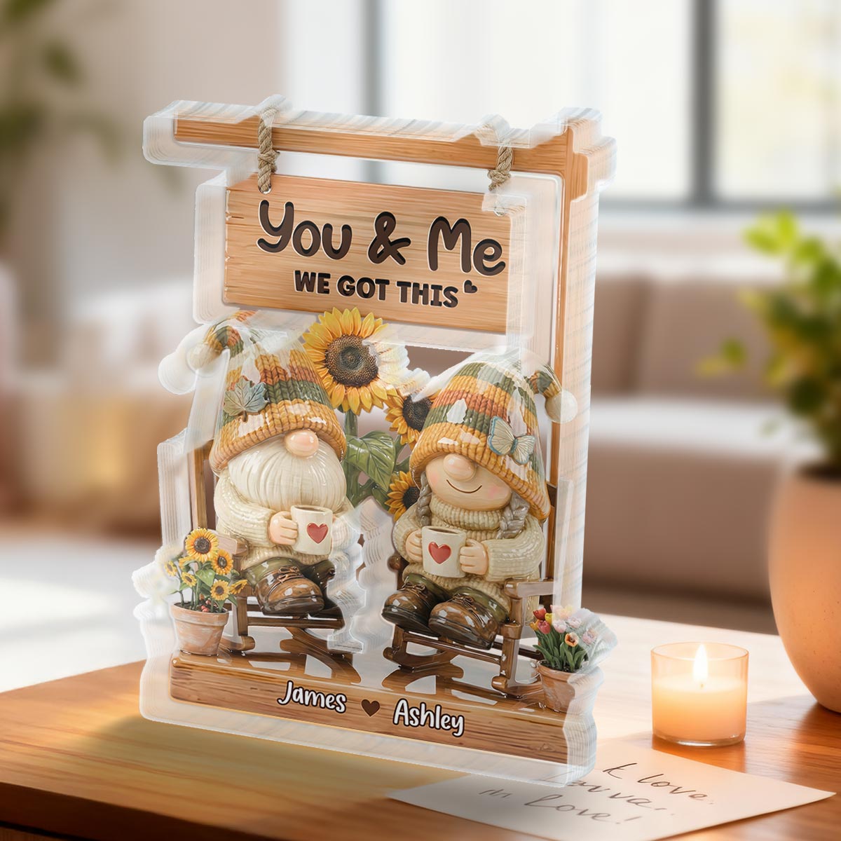 3D Effect Gnome Couple Sitting On Rocking Chair - Personalized Acrylic Block Plaque - Anniversary, Valentine's Day Gift For Him, Gift For Her
