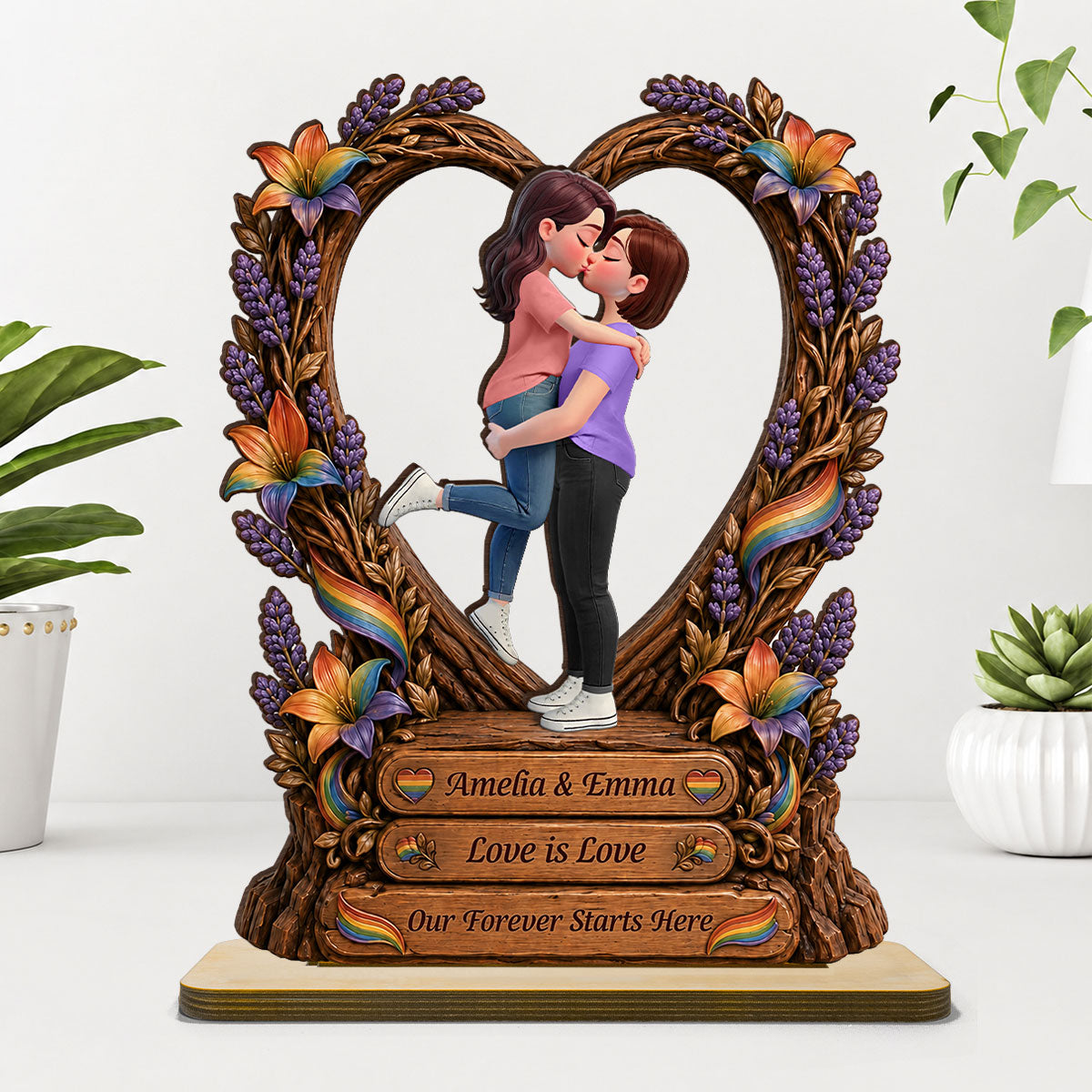 Our Forever Starts Here LGBT+ Couple - Personalized 2-Layered Wooden Plaque - Gift For Couple, Happy Pride Month