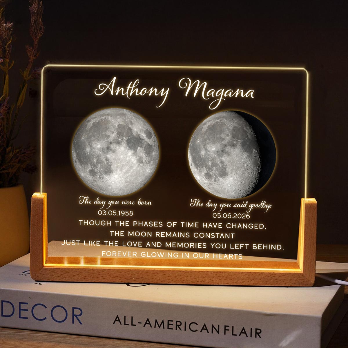 Lost Loved One Moon Phase Art Memorial - Personalized Acrylic LED Night Light - Memorial Gift, Sympathy Gift