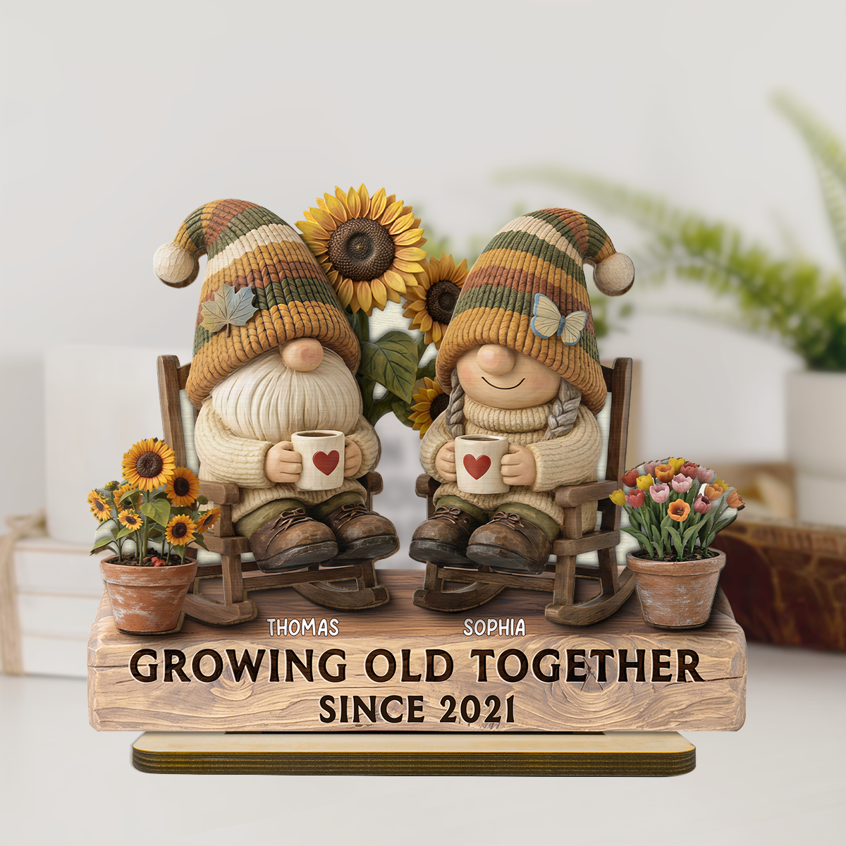 3D Effect Gnome Couple Grow Old Together - Personalized 2-Layered Wooden Plaque - Perfect Valentine's Day Gift For Him, Gift For Her