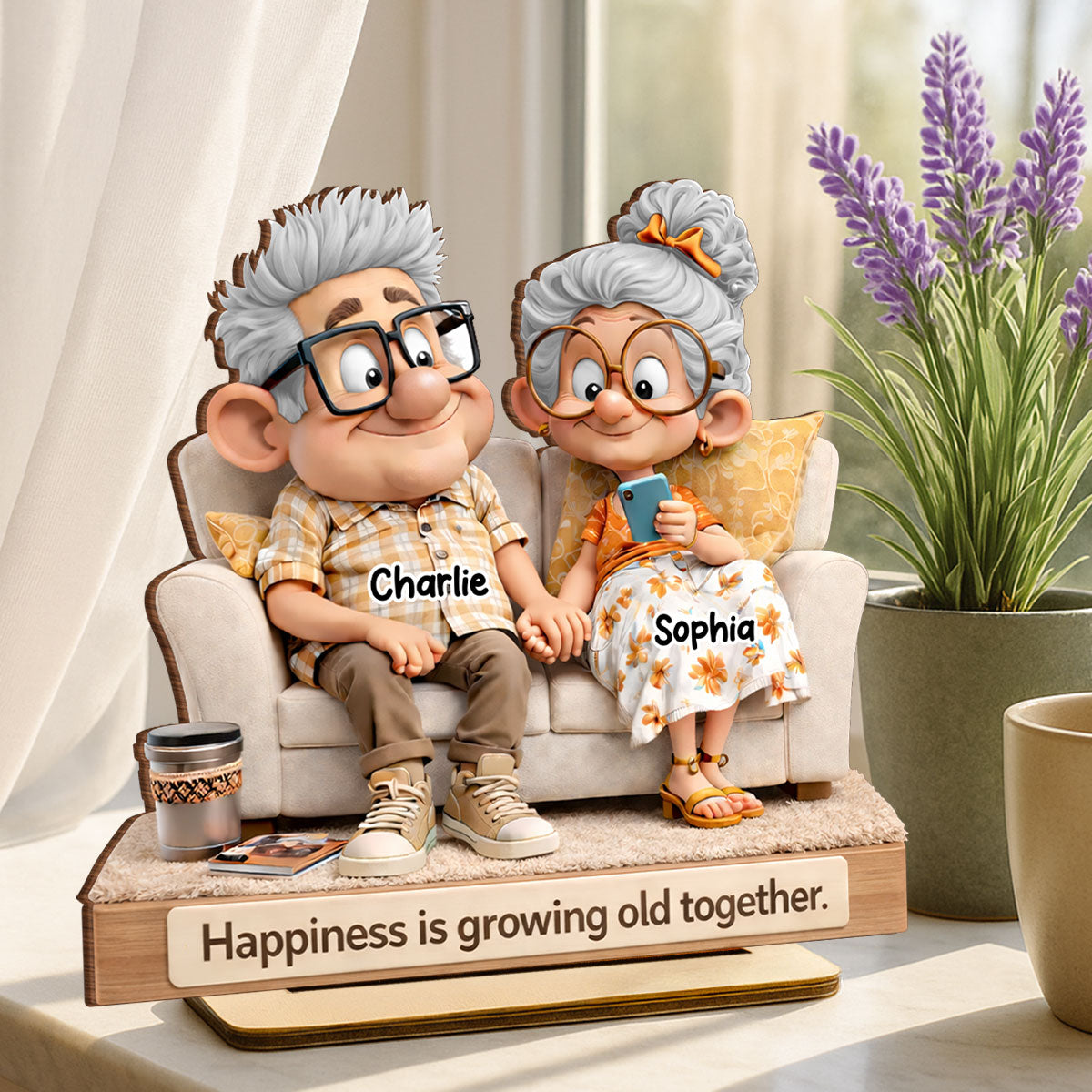 Cute Senior Couple On Couch - Personalized 2-Layered Wooden Plaque - Heartfelt Anniversary, Valentine's Day Gift, Gift For Him, Gift For Her