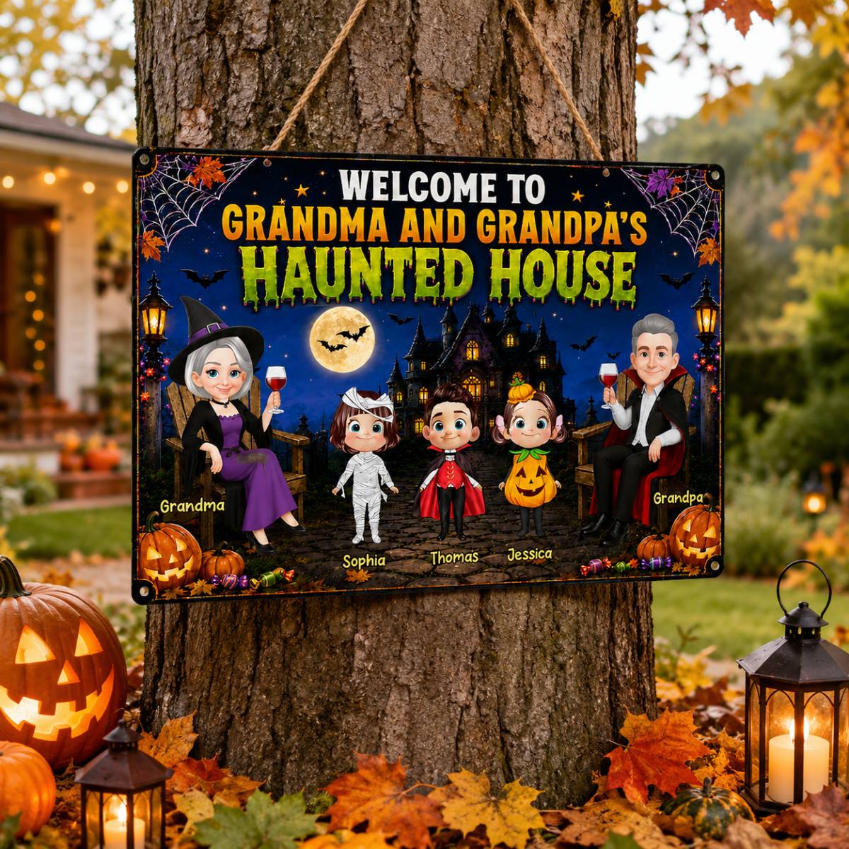 Whimsical Grandma & Grandpa's Haunted House With Grandkids - Personalized Metal Sign - Halloween Decoration For Grandparents