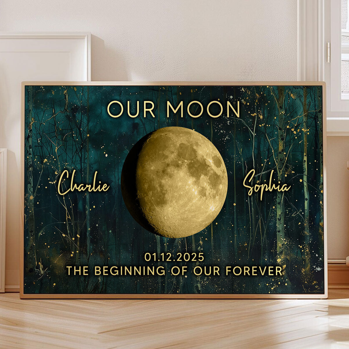 Night In The Forest Couple Custom Moon Phase Anniversary Date - Personalized Poster - Heartfelt Anniversary Gift, Valentine Gift, Wedding Gift For Couple