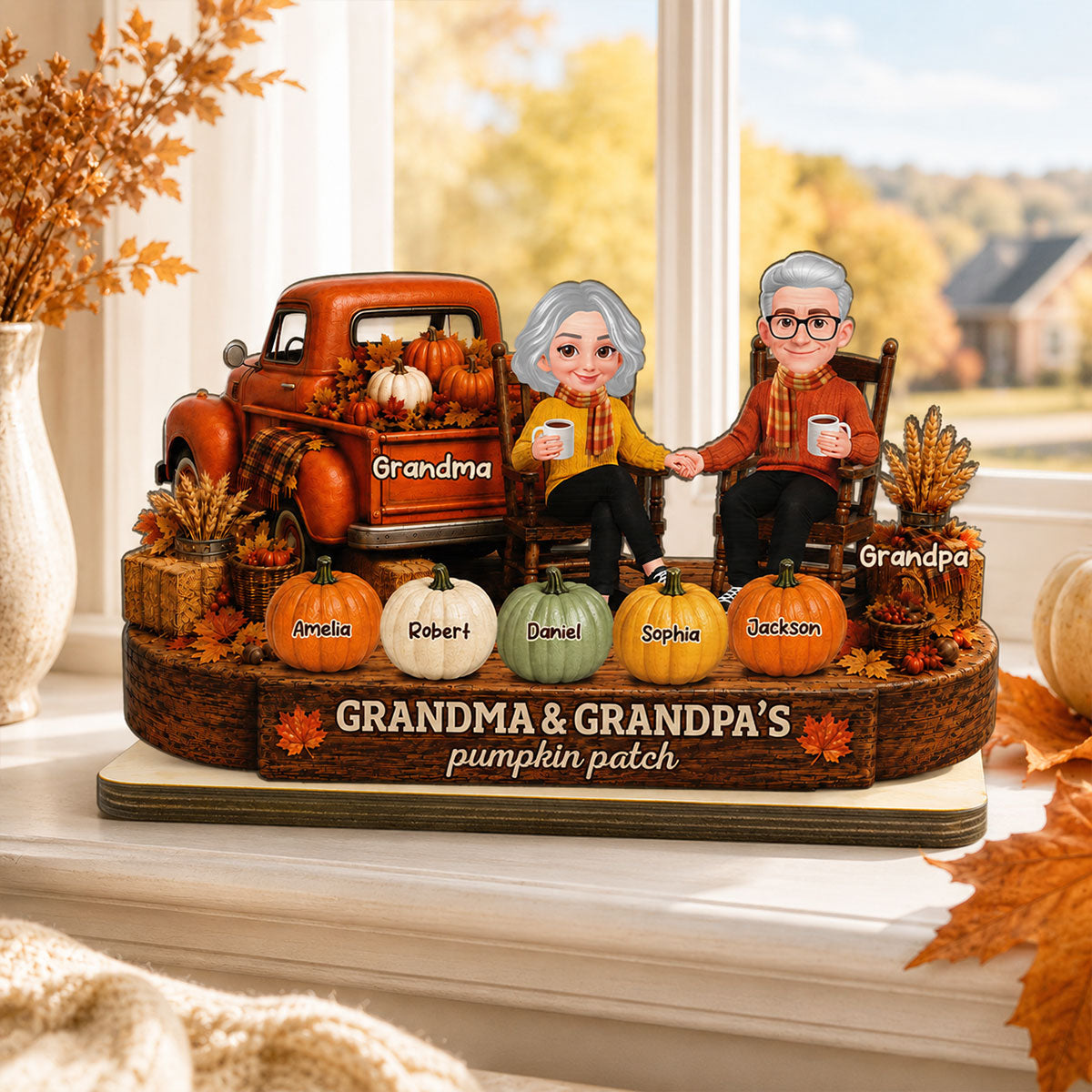Fall Season Pumpkin Truck Grandma Grandpa Pumpkin Patch - Personalized 2-Layered Wooden Plaque - Fall Decor For Grandparents