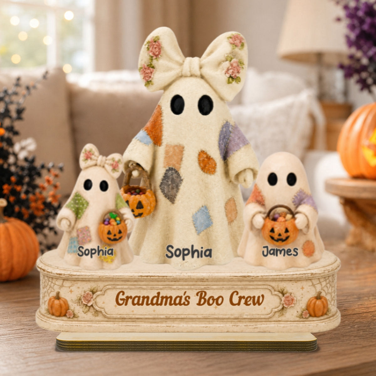 Grandma's Boo Crew Patchwork Style Ghosts 2D Flat - Personalized 2-Layered Wooden Plaque - Fall Season Halloween Decor For Grandma