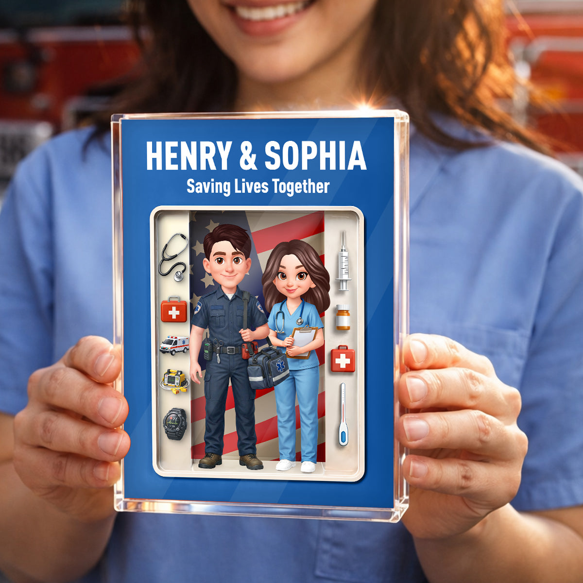 EMT & Nurse Couple 3D Action Figure - Personalized Acrylic Block Plaque - Heartfelt Gift for Him, for Her