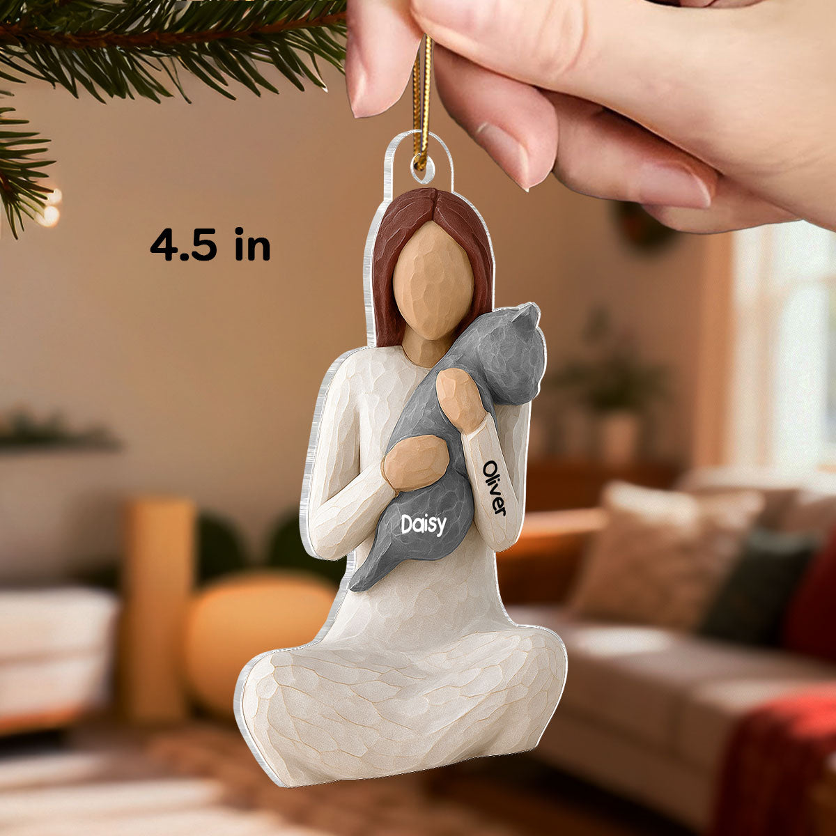 3D Effect Woman Hugging Cat - Personalized Acrylic Ornament - Christmas Gift For Cat Lovers, Cat Mom