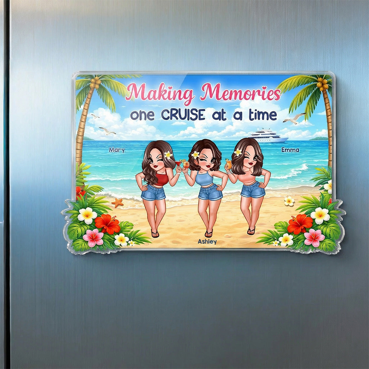 Pretty Cruise Besties On The Beach - Personalized Cruise Cabin Door Magnet - Girls Trip Cruise Trip Keepsake